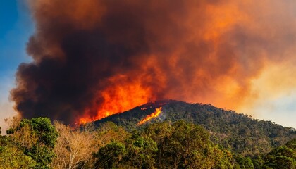 A wildfire spreads along a ridge, turning the sky red and sending thick black smoke into the air.