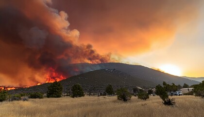 A wildfire spreads along a ridge, turning the sky red and sending thick black smoke into the air.