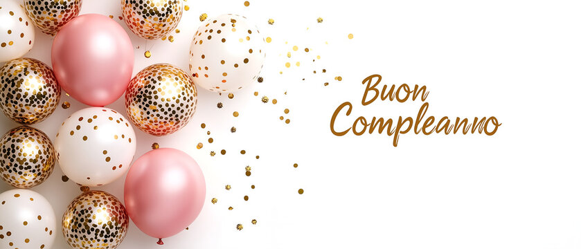 buon compleanno words with confetti & golden, white and pink balloons isolated over white background; concept of festive birthday celebration, congratulation, greeting card