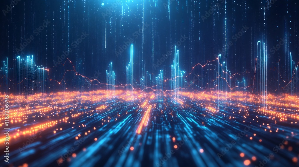 Poster market trend visualized glowing graph ascending data point over radiant futuristic background