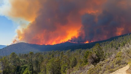 A wildfire spreads along a ridge, turning the sky red and sending thick black smoke into the air.