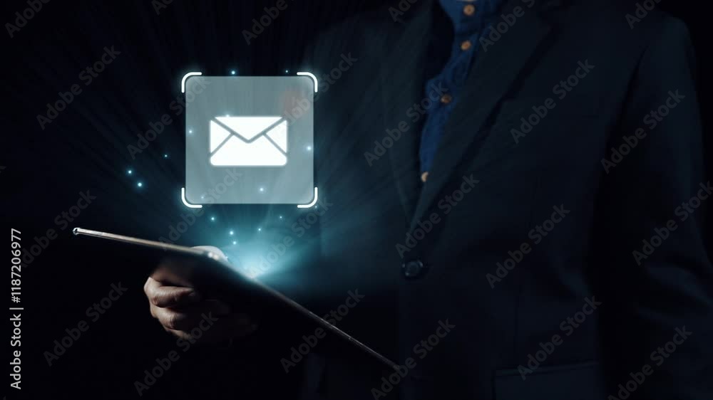 Poster business person checking email inbox, organizing and prioritizing messages for better productivity. 