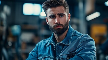 Fototapeta premium Young man with beard in denim jacket poses thoughtfully in workshop during the day