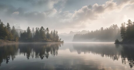 Fototapeta premium Muted color palette of a misty morning over a lake with soft, wispy clouds, colors, clouds