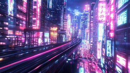 High-Speed Monorail Journey Through Neon Cityscape at Night