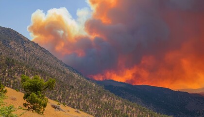 A wildfire spreads along a ridge, turning the sky red and sending thick black smoke into the air.