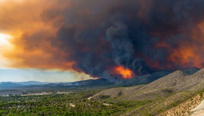 A wildfire spreads along a ridge, turning the sky red and sending thick black smoke into the air.