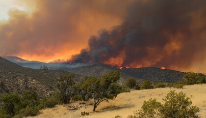 A wildfire spreads along a ridge, turning the sky red and sending thick black smoke into the air.