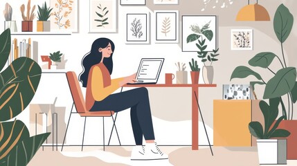 Stylish home office setting with a girl focused on remote work during the evening