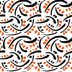 Seamless abstract textured pattern. Simple background with orange dots, black lines on white. Digital brush strokes. Design for textile fabrics, wrapping paper, background, wallpaper, cover.