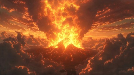Fiery Volcanic Eruption Sunset Landscape Image
