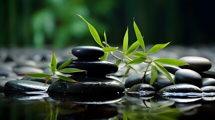 Stacked Black pebble stones on water background, light green background, bamboo branches, high quality zen background, Minimal, Asian Spa relaxation banner, Japanese Bamboo