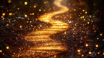 Magical glowing path in dark forest.