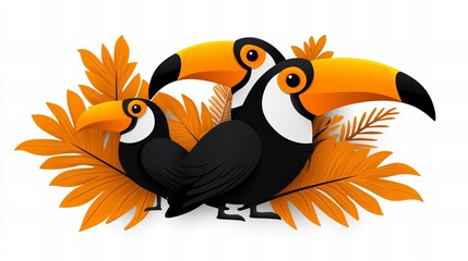 Obraz premium Three toucans nestled amongst vibrant orange tropical leaves. A cheerful illustration.