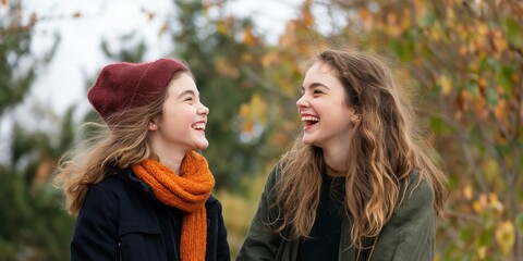 Fototapeta premium Two teenage girls share a joyful laugh while enjoying a beautiful outdoor moment, highlighting the beauty of friendship and the joy found in shared experiences amid nature.