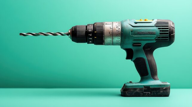 Teal background, cordless drill, metal bit.