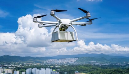 Flying delivery drone operates high above cityscape, providing efficient transportation of goods remotely during daylight hours