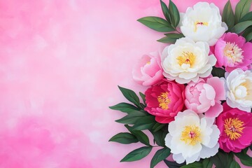Fototapeta premium Pink Peonies Floral Arrangement - Delicate pink and white peonies, vibrant blooms, lush greenery, soft pink background, elegant floral design.