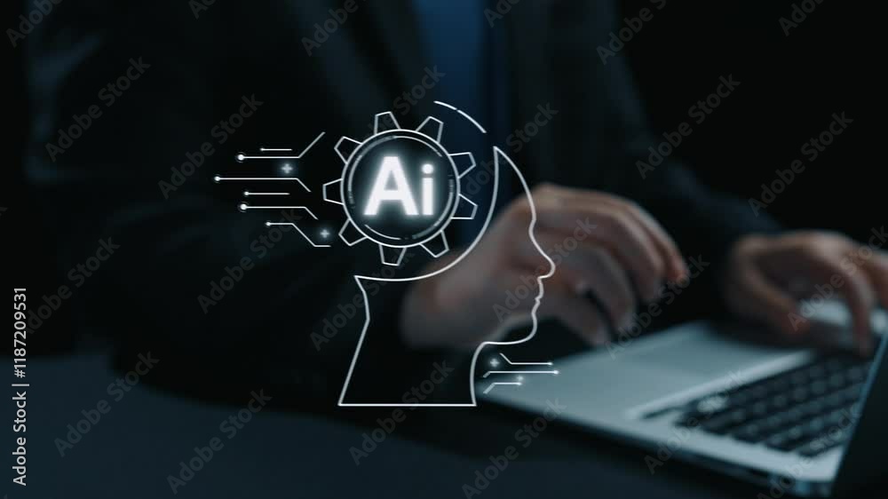 Poster human interact with ai artificial intelligence brain processor in concept of ai artificial intellige