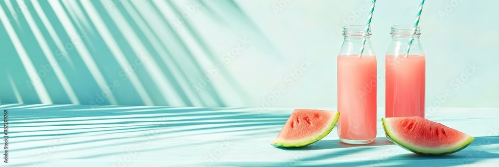 Poster two bottles of refreshing watermelon juice with striped straws stand on a light blue wooden table wi