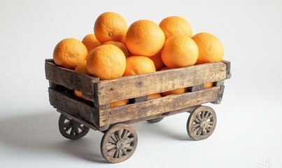 Ripe oranges in wooden cart, white background, healthy food, grocery