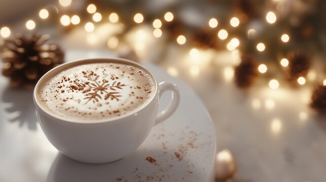 Cup of Latte with Snowflake Latte Art and Cinnamon on a White Table. Festive Holiday Lights in Background.