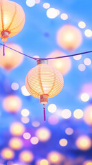 Obraz premium tranquil chinese new year scene, lanterns floating with soft golden light trails 