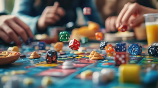 Colorful game pieces and strategic moves amidst snacks and drinks create a vibrant gathering