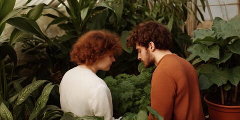 Two individuals lean in closely, engaged in conversation amid a vibrant greenhouse filled with various plants, highlighting urban gardening and companionship.