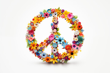 Peace Symbol with Vibrant Floral Design on White Background &ndash; Bohemian and Hippie Art Style Featuring Colorful Flowers and Retro Aesthetics, Perfect for Promoting Love, Harmony, and Positive Energy in