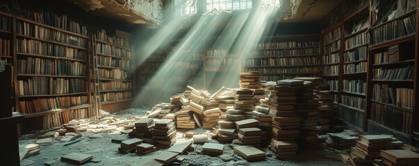 Sunbeams illuminate a large pile of books scattered on the floor of an old library with bookshelves filled with books.