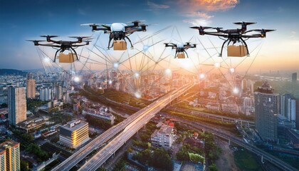 Fototapeta premium Drones working together to deliver goods and enhance information in urban environments during sunset