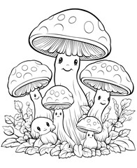 Adorable creepy kawaii mushroom coloring page for kids and adults with vintage, Cute mushrooms in a clearing among the flowers with vector illustration for coloring book.