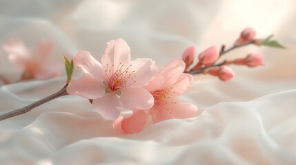 Serene Morning with Peach Blossoms on Sheer Fabric