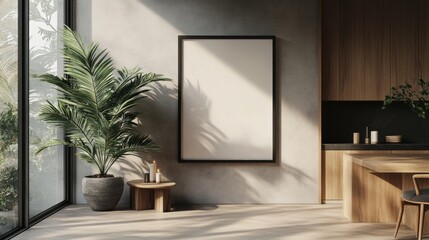 Modern Interior with Blank Canvas and Tropical Plant in Sunlight