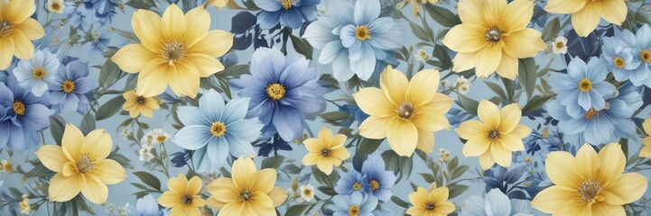 Pastel floral pattern featuring yellow and blue blossoms, watercolor, blue, yellow, garden, pastel