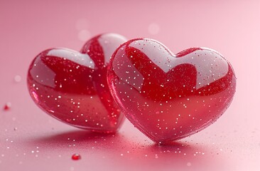 Obraz premium Two red hearts on a pink glittery background