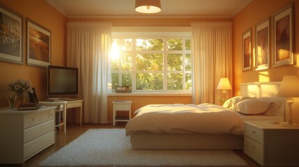 Cozy bedroom with warm sunlight and inviting decor in soft tones