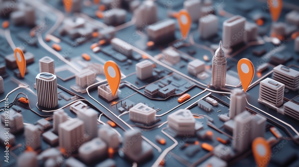 Poster orange location pins mark destinations on a 3d map of a smart city, representing a gps navigation sy