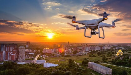 Firefly drone flies above city during sunset, capturing stunning aerial views of the landscape