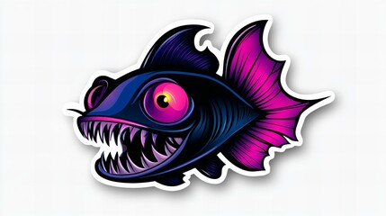 Fototapeta premium A fierce, stylized illustration of a fish with vibrant pink and dark blue coloring. Its large eyes and sharp teeth create a striking image.