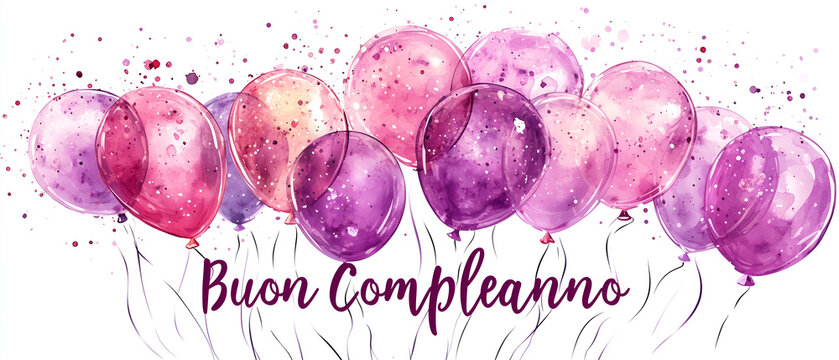 violet buon compleanno words with watercolor bright, cheerful balloons isolated over white background; concept of festive birthday celebration, congratulation, greeting card