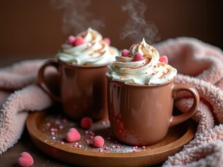 Delicious hot chocolate topped with whipped cream and pink sprinkles served in cozy mugs on a wooden platter