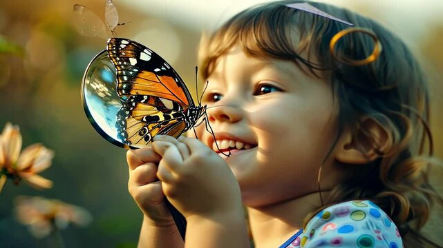 the child looks into the magnifying glass at the butterfly