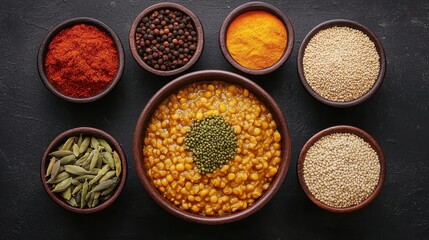 A colorful assortment of spices and lentils in bowls, arranged artistically on a dark surface, showcasing culinary diversity and flavor richness.