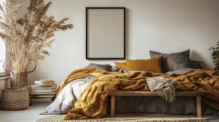 Cozy bedroom interior with warm colors and stylish decor elements