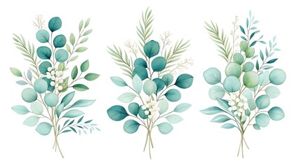 Fototapeta premium Elegant Watercolor Eucalyptus Arrangements in Muted Green and Blue Tones with White Florals for Wedding and Nature-Inspired Decor 