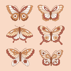 Set of hand drawn boho butterflies. Cute vector retro butterfly collection. Perfect for tee shirt logo, greeting card, poster or nursery print design. EPS10 vector file.