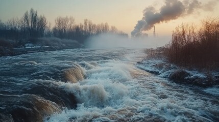 Fototapeta premium Industrial River Pollution: A Winter's Dawn