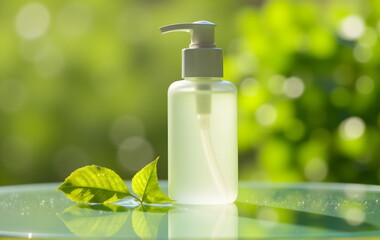 Product photography: A light-colored bottle of body wash placed on a flat mirrow surface. the background is light green with leaves,